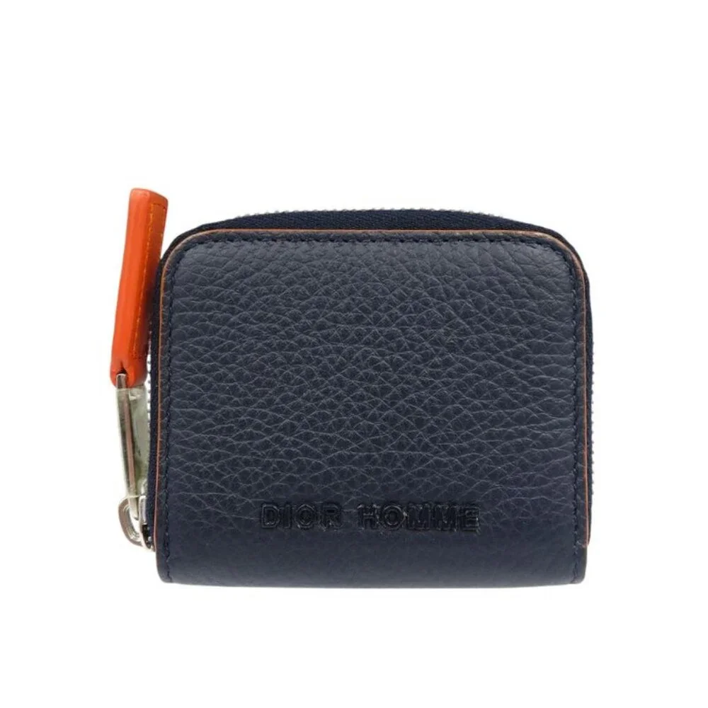 Dior Homme Leather Silver Hardware Navy Orange Round Zipper Coin Case 0559
